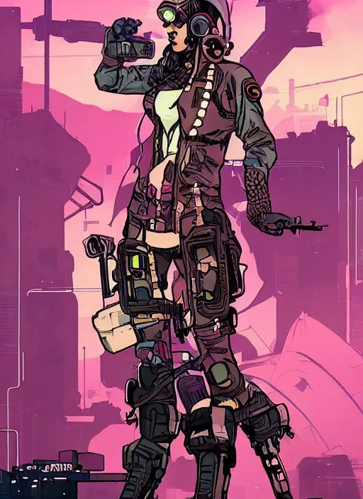 Image similar to sophia. cyberpunk mercenary with scenic background. portrait illustration, pop art, splash painting, art by ashley wood, alphonse mucha, laurie greasley and josan gonzales. cinematic. beautiful lighting.