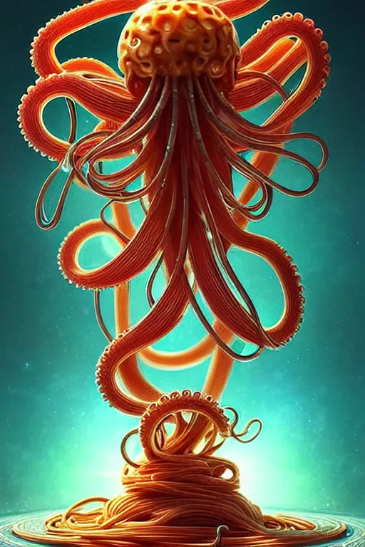 Image similar to beautiful spaghetti octopus, ethereal art deco, fantasy, intricate art deco pasta designs, elegant, highly detailed fractals, sharp focus, art by artgerm and beeple and greg rutkowski and wlop