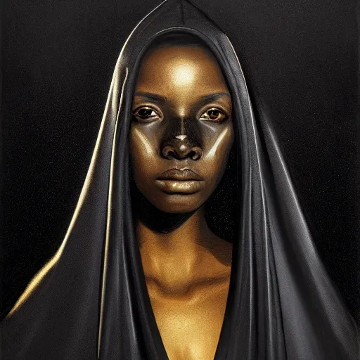 Image similar to a portrait of a young black woman wearing a long dark cloak, hood and shadows covering face, anatomically correct, beautiful perfect face, enigmatic, oil painting, matte painting, black background, Volumetric Golden dappled dynamic lighting, Highly Detailed, Cinematic Lighting, Unreal Engine, 8k, HD, by Beksinski