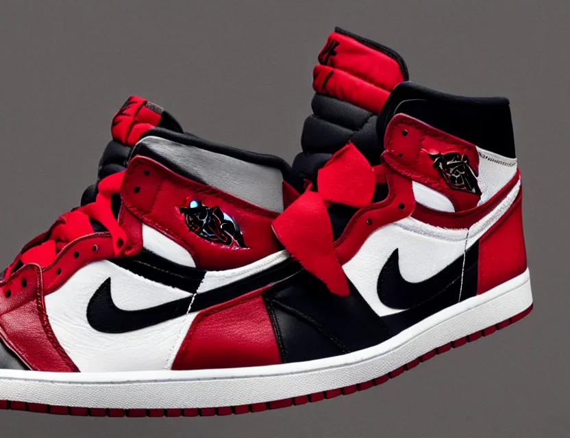 Image similar to a press photograph of nike jordan 1 red white and black, size 1 0, white background