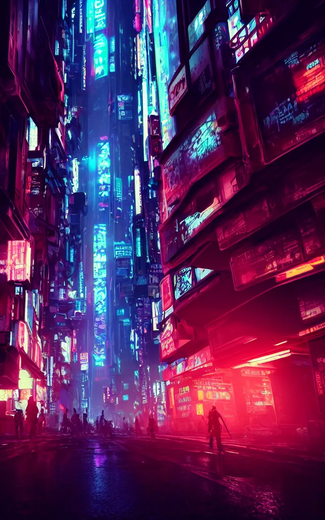 Image similar to concept art of a magnificent dark neon futuristic cyberpunk city bustling street at night cyberart by liam wong in the film akira rendered in octane, 3 d render, trending on cgsociety, blender 3 d