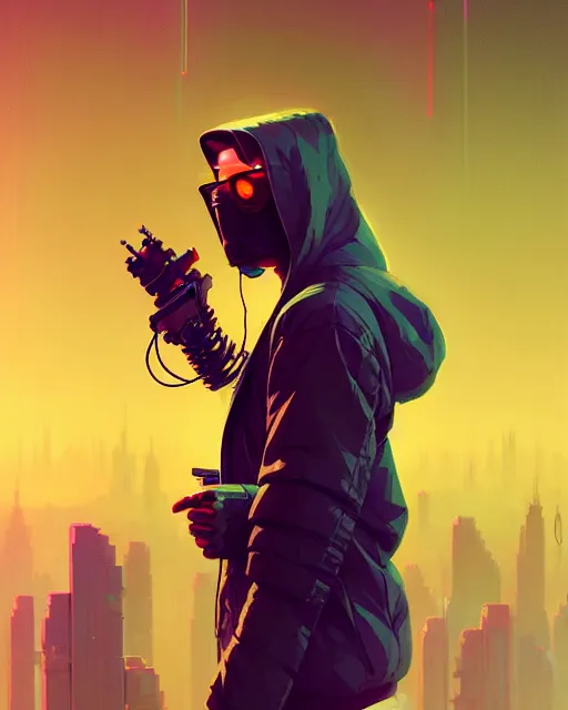 Image similar to cyberpunk synth, hyper - realistic detailed portrait of a man in a hoodie, digital painting, by artgem, by atey ghailan, by greg rutkowski, by greg tocchini, by james gilleard, by joe fenton, by kaethe butcher, sharp focus