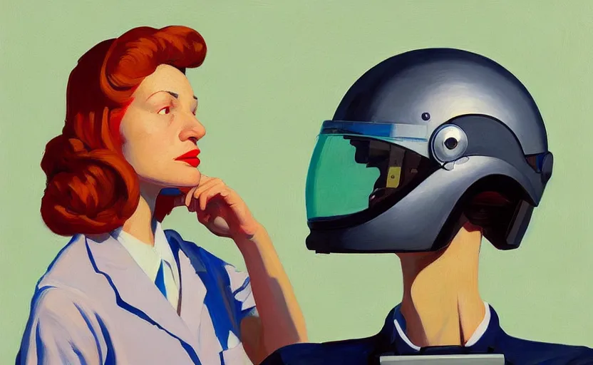 Image similar to Portrait of a woman Scientist with helmet, very coherent, painted by Edward Hopper, painted by James Gilleard, airbrush, art by JamesJean