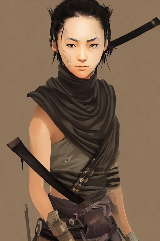 Image similar to native japanese young woman dressed like shinobi ninja, focused stare, partially masked, highly detailed, photobash, photorealistic render, trending on artstation, character design, cinematic lighting