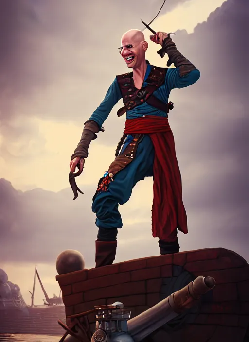 Image similar to An epic fantasy comic book style portrait painting of a skinny white bald sky-pirate with a goofy expression sitting in front of a ship's cannon, unreal 5, DAZ, hyperrealistic, octane render, cosplay, RPG portrait, dynamic lighting