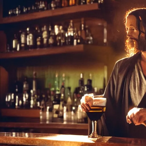 Prompt: a still of jesus sitting on a stool at the bar, last call. dark, smoky. he's looking to sin