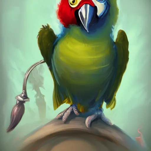 Image similar to Magic the gathering artwork of Anthropomorphized parrot trader in his shop, shelves full, selling a gem, portrait, items, magic potions, carpet, window, fancy funny hat, sly expression , cunning expression, cute expression, presenting magic gem, D&D, fantasy, cinematic lighting, highly detailed, digital painting, artstation, concept art, smooth, sharp focus, illustration, warm light, cozy warm tint, magic the gathering artwork, volumetric lighting, 8k, no gold, no gold colours, art by Akihiko Yoshida and Greg Rutkowski