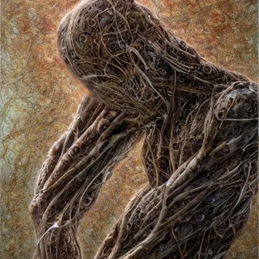 Prompt: Broken god, hyper-realistic oil painting, Body horror, biopunk, by Peter Gric, Marco Mazzoni