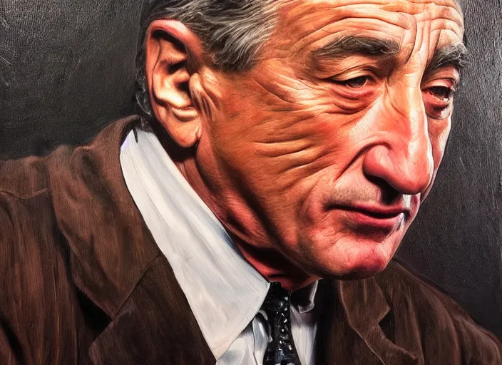 Image similar to a hyper-detailed oil painting of Robert DeNiro; an extraordinary masterpiece!!!; flawless; photorealistic; trending on artstation; f/1.4; 90mm