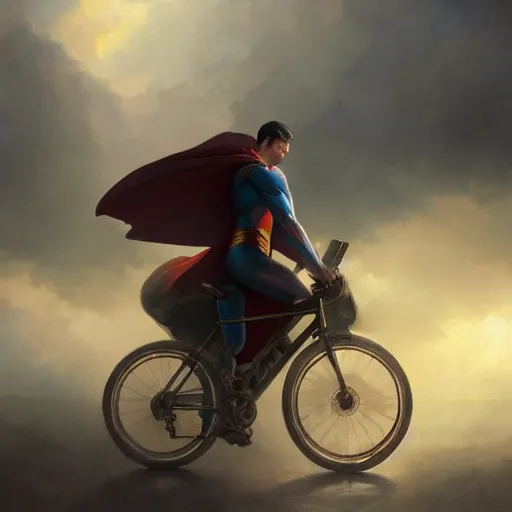 Image similar to cinematic shot epic portrait superman riding a bicycle in the streets, atmospheric, cloudy, broad light, ambient occlusion, volumetric light effect, made by ivan aivazovsky, peter mohrbacher, greg rutkowski, ross tran, matte painting, trending on artstation, 4 k, perfectly defined features, digital painting, cinematic, epic, highly detailed,