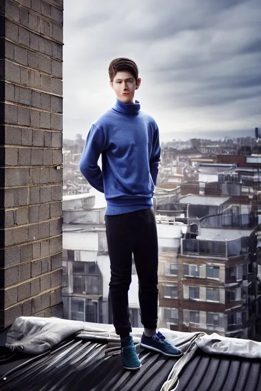 Image similar to un ultra high definition studio quality photographic art portrait of a young man standing on the rooftop of a british apartment building wearing soft padded silver pearlescent clothing. three point light. extremely detailed. golden ratio, ray tracing, volumetric light, shallow depth of field. set dressed.