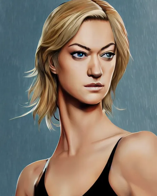 Image similar to yvonne strahovski, full shot, very anime, digital art, captures emotion and movement, ambient lighting, perfect composition, dynamic lighting, detailed face, very extremely detailed blue eyes, smooth shading