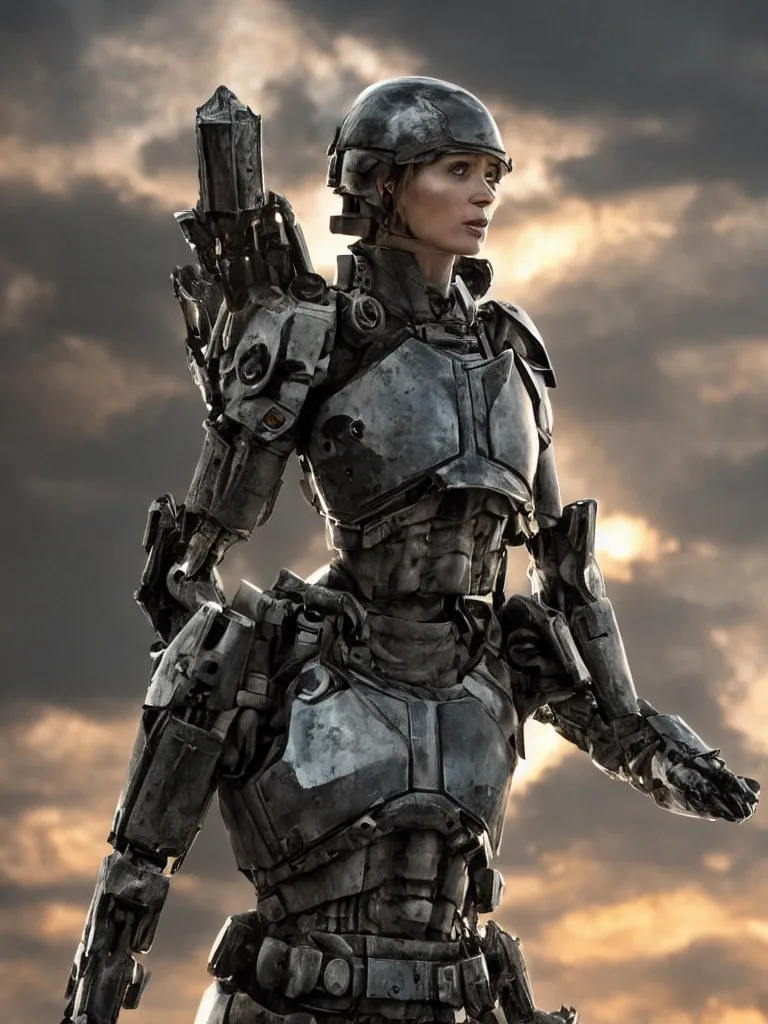 Image similar to emily blunt in futuristic power armor, holding a sword, edge of tomorrow, angel of verdun, sunset