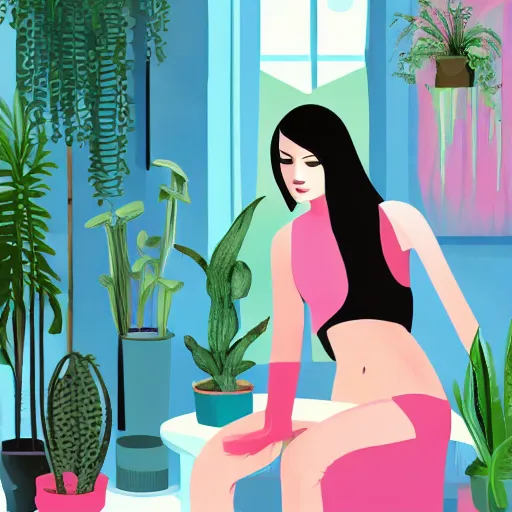 Prompt: a room full of beautiful house plants and a pretty woman with pale skin, long black hair, abstract, beautiful digital art trending on artstation