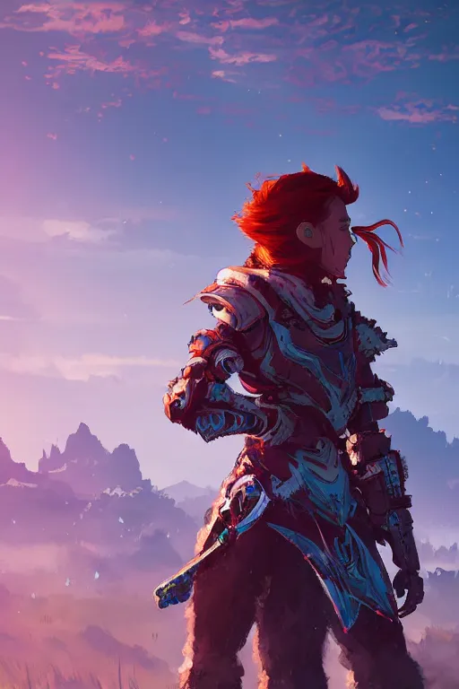 Image similar to combination suit armor aloy horizon forbidden west horizon zero dawn radiating a glowing aura global illumination ray tracing hdr fanart arstation by ian pesty and alena aenami artworks in 4 k tribal robot ninja mask helmet backpack