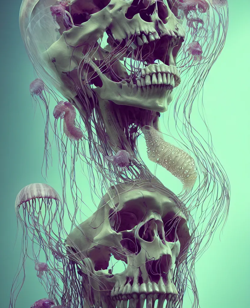 Image similar to goddess close - up portrait human skeleton, ram skull, jellyfish, orchid, betta fish, bioluminiscent, intricate artwork by tooth wu and wlop and beeple. octane render, trending on artstation, greg rutkowski very coherent symmetrical artwork. cinematic, hyper realism, high detail, octane render, 8 k