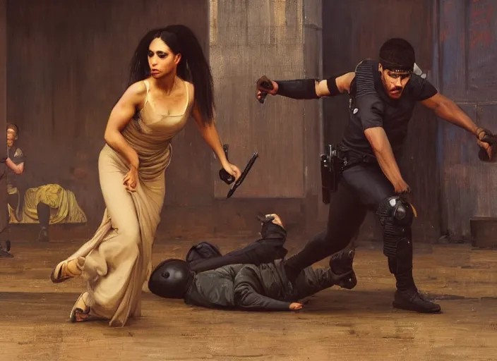 Prompt: Maria Igwe evades sgt Griggs. Cyberpunk hacker escaping police troopers (blade runner 2049). Gorgeous face. Iranian orientalist portrait by john william waterhouse and Edwin Longsden Long and Theodore Ralli and Nasreddine Dinet, oil on canvas. Cinematic, hyper realism, realistic proportions, dramatic lighting, high detail 4k