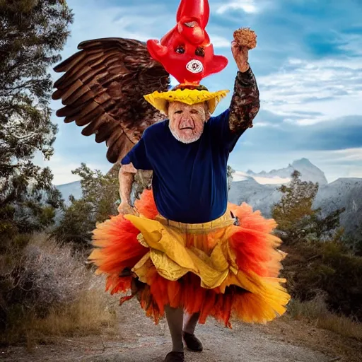 Prompt: an elderly man riding a giant eagle, screaming, bold natural colors, national geographic photography, masterpiece, 8 k, raw, unedited, symmetrical balance, tutu, wearing a hat made from nachos, sausages for fingers