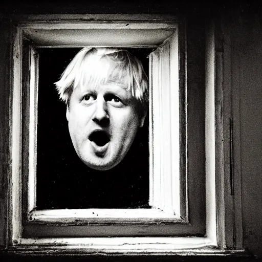 Prompt: photo of the inside of a dark old rainy bedroom window at night, dimly lit creepy | screaming face of boris johnson staring in through the window, bloody hands, horror, scary face, demonic face,