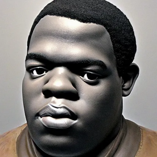 Prompt: medium - shot realistic clay notorious big, full body, walking, rough, handmade, fingerprints on clay, masterpiece, artistic, museum, highly detailed, hq, by adam beane