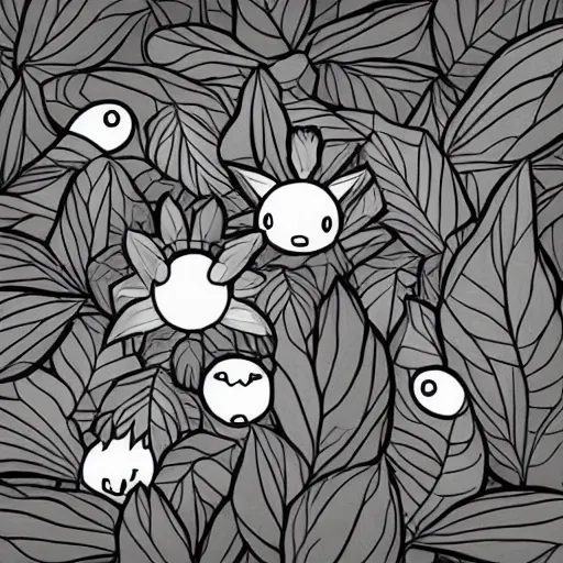 Image similar to dark, cute, grayscale, void living'leaves bush'creature, bright eyes, pokemon, hayao miyazaki, digital illustration, clipart, cartoon