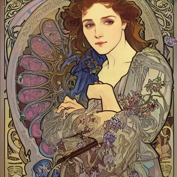 Prompt: a highly detailed beautiful portrait in the style of alphonse mucha and in the style of james jean.