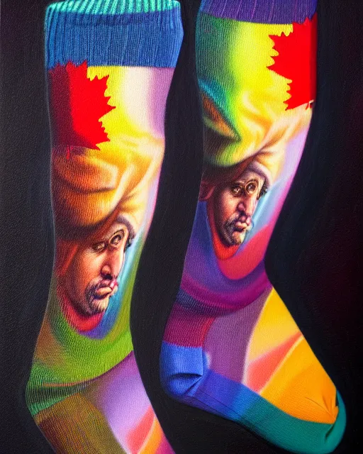 Image similar to detailed portrait of justin trudeau colorful socks!!! by tomasz alen kopera and peter mohrbacher and johanna martine! and margaret keane! coherent luminescent