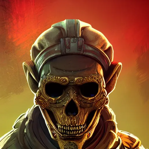 Image similar to a golden skull face monkey warrior with a ruby in his forehead, Apex Legends character digital illustration portrait design by, android jones, detailed, gorgeous lighting, wide angle action dynamic portrait