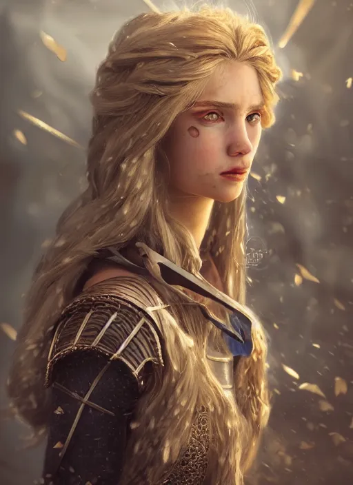 Image similar to An epic fantastic realism comic book style portrait painting of a female medieval warrior, princess, knights long fluffy light golden blond curls of hair, porcelain pale skin, flowers rain everywhere, Concept world Art, unreal 5, DAZ, hyperrealistic, octane render, cosplay, RPG portrait, dynamic lighting