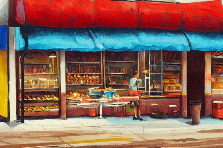 Image similar to concept art, painting of cuban bakery, empty, no food, digital anime art, good lighting,