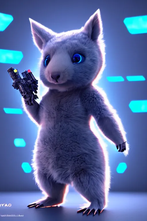 Image similar to high quality 3 d render sci - fi very cute mecha & fluffy! wombat!! hybrid! fighting, highly detailed, unreal engine cinematic smooth, in the style of blade runner & detective pikachu, hannah yata charlie immer, dark blue neon light, low angle, uhd 8 k, sharp focus