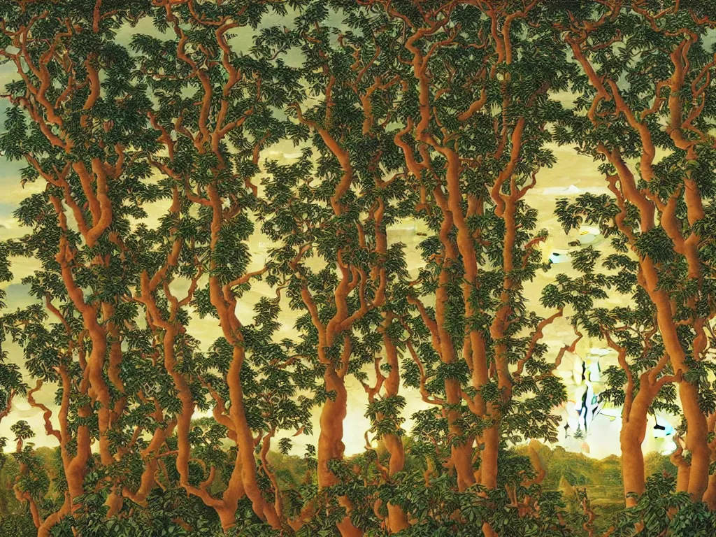 Image similar to a wide angle view of the trunks of rose trees, with sun rays filtered through the canopy. by evelyn de morgan.