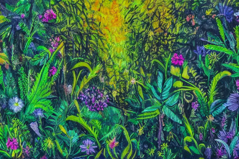 Prompt: A flowery meadow at the edge of a dense rainforest jungle, ultraviolet photography, oil painting