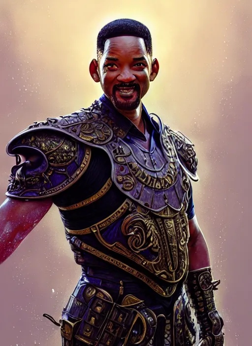 Image similar to portrait of will smith, d & d, wet, shiny, fantasy, intricate, elegant, hyper detailed, ultra definition, photoreal, artstation, unreal engine rendered, concept art, smooth, sharp focus, illustration, art by artgerm and greg rutkowski and alphonse mucha and garis edelweiss