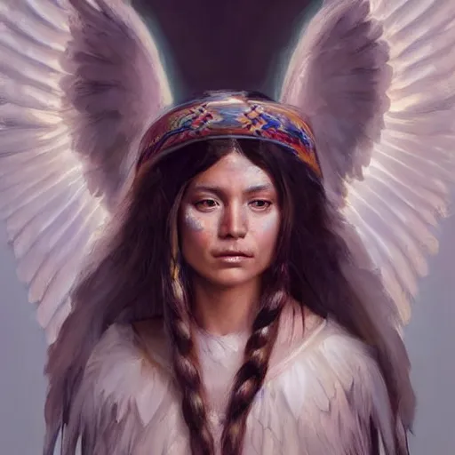 Prompt: Portrait of a Native American Goddess with angel wings, and a glowing halo, white lighting, digital art by Ruan Jia and Mandy Jurgens and Artgerm, highly detailed, trending on artstation, award winning,