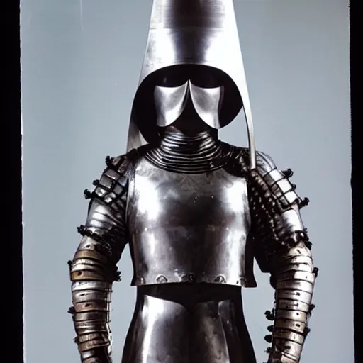 Prompt: a masked warrior in silver armour, wearing a tall, conical helmet clutching a sword