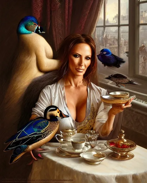 Image similar to Portrait of Jodie Marsh & a mallard & a pig having tea at the Ritz, real life skin, intricate, elegant, highly detailed, artstation, concept art, smooth, sharp focus, art by artgerm and greg rutkowski and alphonse mucha