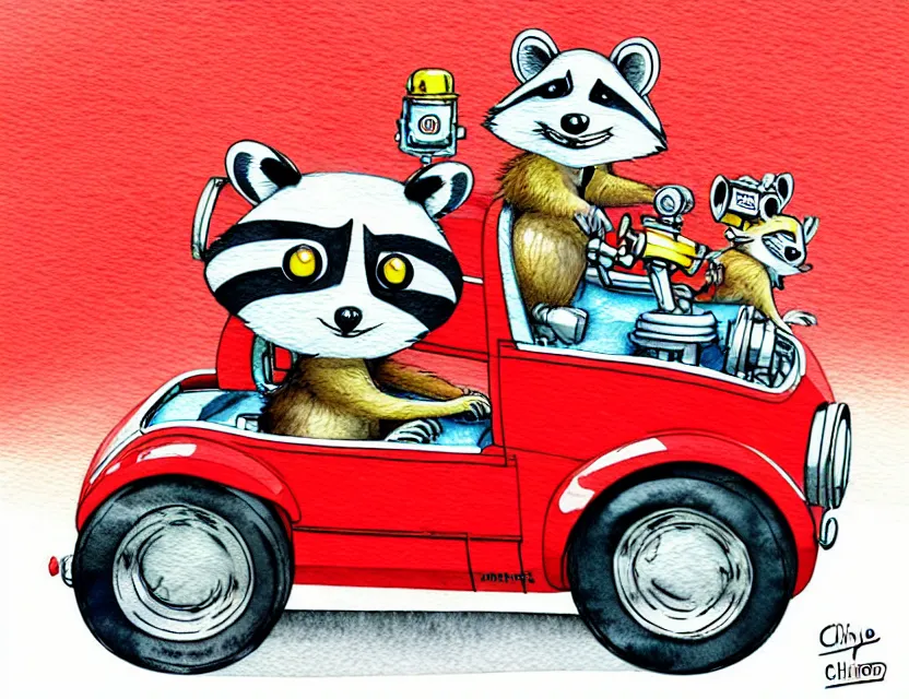 Image similar to cute and funny, < racoon wearing a red helmet > riding in a tiny hot rod with oversized engine, ratfink style by ed roth, centered award winning watercolor pen illustration, isometric illustration by chihiro iwasaki, edited by range murata, tiny details by artgerm and watercolor girl, symmetrically isometrically centered