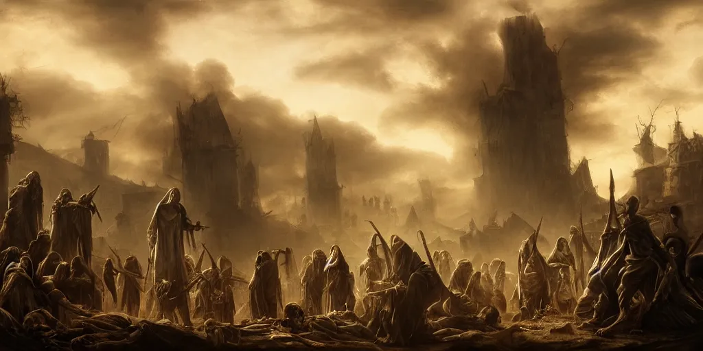 Image similar to beautiful oil matte painting, black plague infected people meeting the grim reaper, wonderful masterpiece highly detailed, beautiful cinematic light deep focus, elegant, digital painting, smooth, sharp focus, golden ratio, dramatic illumination, ultra realistic, 8 k, art by salvator rosa