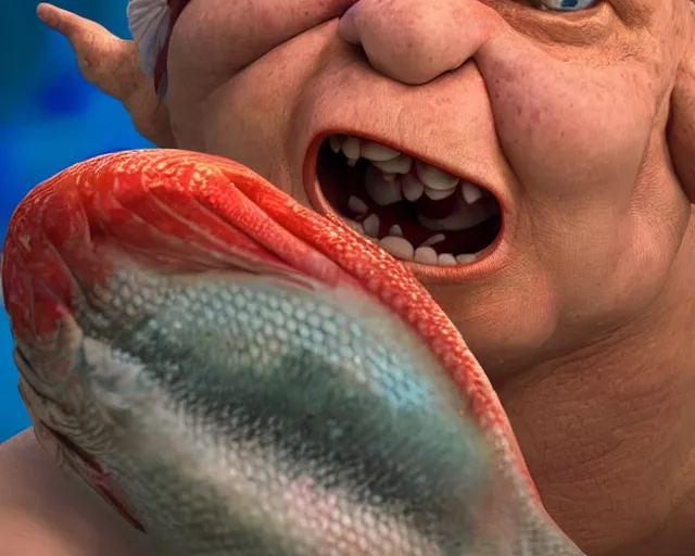 Image similar to of a very beautiful scene. ambient occlusion render. a sweet fat old woman is giving birth to a huge colorful fish. hyper realistic. 4 k. wide angle. red mouth, blue eyes. deep focus, lovely scene. ambient occlusion render. concept art. unreal engine.