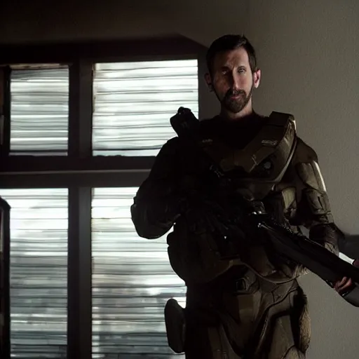 Image similar to NCIS New Orleans actor Rob Kerkovich in the tv series Halo. Cinematic film still, atmospheric lighting