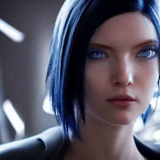 Image similar to « portrait, attractive, blue eyes, black hair, middle length hair, ghost in the shell, front view, unreal engine 5 »