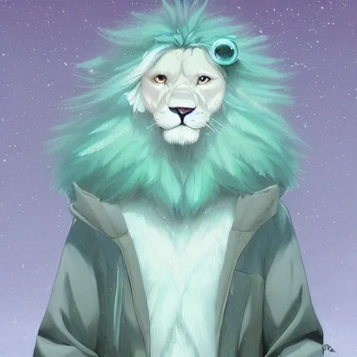 Image similar to aesthetic portrait commission of a albino male furry anthro lion wearing a cute mint colored cozy soft pastel winter outfit, winter Atmosphere. Character design by charlie bowater, ross tran, artgerm, and makoto shinkai, detailed, inked, western comic book art, 2021 award winning painting