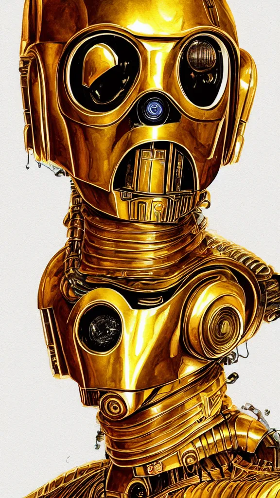 Image similar to a portrait of c - 3 po in watercolor. color harmony, 8 k detail, gallery quality, hd wallpaper, premium prints available, hyper - detailed, intricate design.