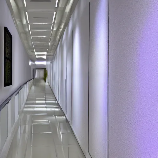 Image similar to infinite white metallic hallway with different colored lizards crawling on the walls, 4k realistic photo