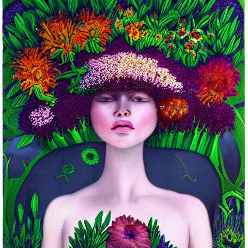 Image similar to surreal flowerheaded girl, flowerfield