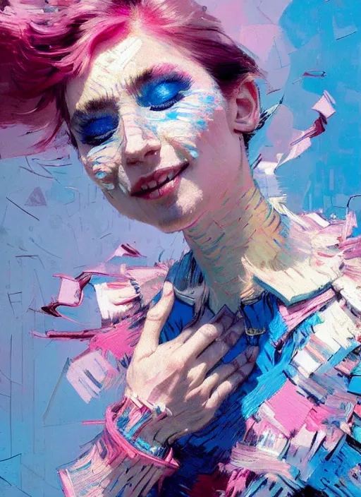 Image similar to portrait of a beautiful bird, smiling, ecstatic, dancing, eyes closed, open mouth, shades of pink and blue, beautiful face, rule of thirds, intricate outfit, spotlight, by greg rutkowski, by jeremy mann, by francoise nielly, by van gogh, digital painting