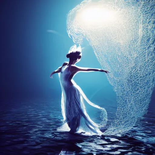 Image similar to manshaped swirling smoke beside woman dancing underwater wearing a flowing dress made of seaweed, school of tiny silver fish in the distant background, octane render, caustics lighting from sunlight above, cinematic