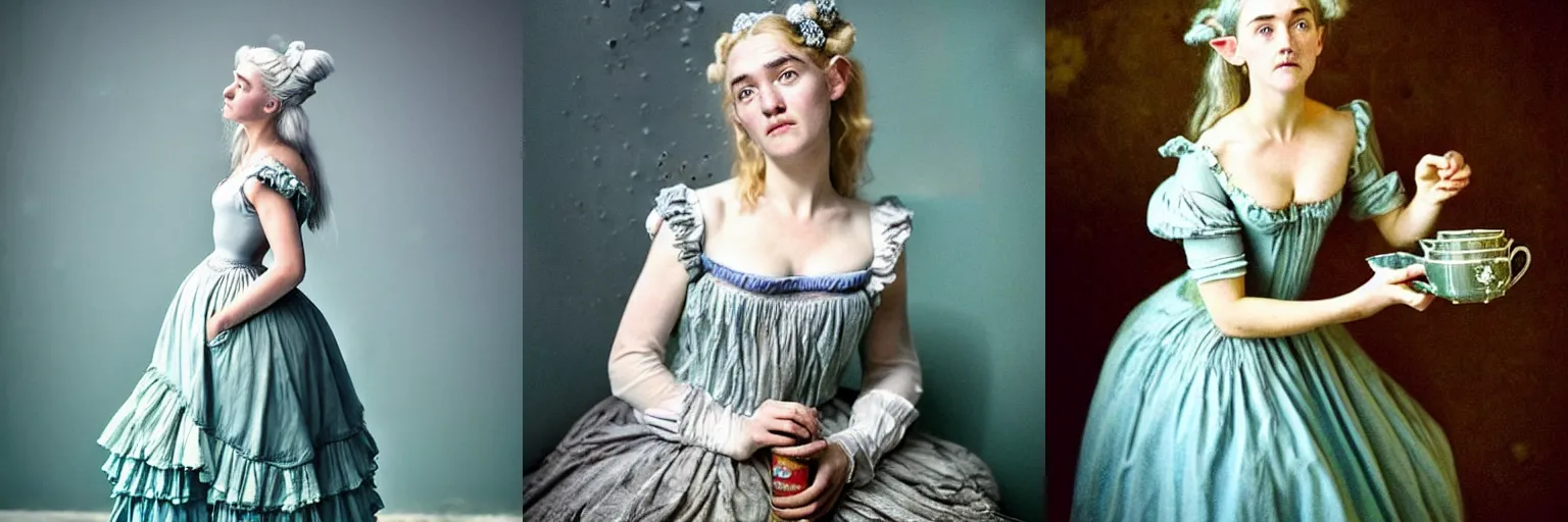 Prompt: A 18th century, messy, silver haired, (((mad))) elf princess (look like ((young Kate Winslet))), dressed in a frilly ((ragged)), wedding dress, is ((drinking a cup of tea)). Everything is underwater! and floating. Greenish blue tones, theatrical, (((underwater lights))), high contrasts, fantasy water color, inspired by Henry Wallis's The Death of Chatterton