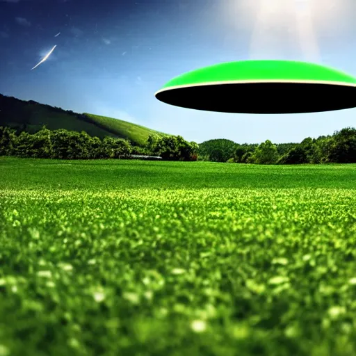 Prompt: a photo of a realistic ufo landing on a green field, summer day